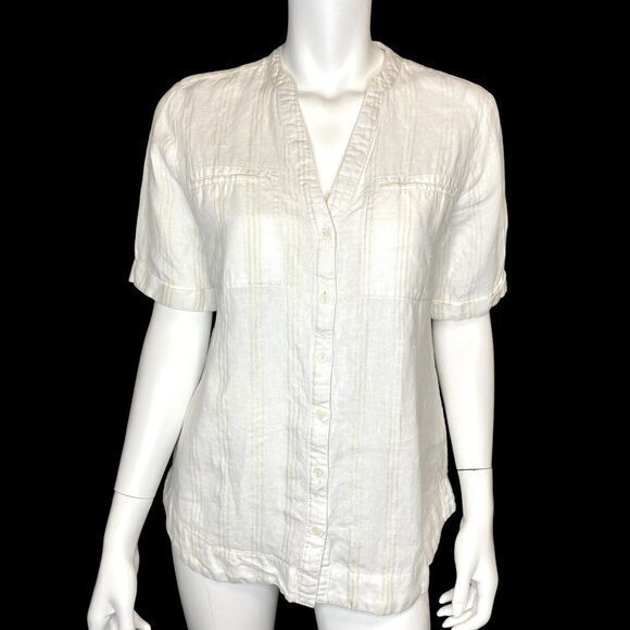 CHICOS Size 1 US M White Short Sleeve Blouse Metallic‎ Gold Stripes 100% Linen - Picture 1 of 4